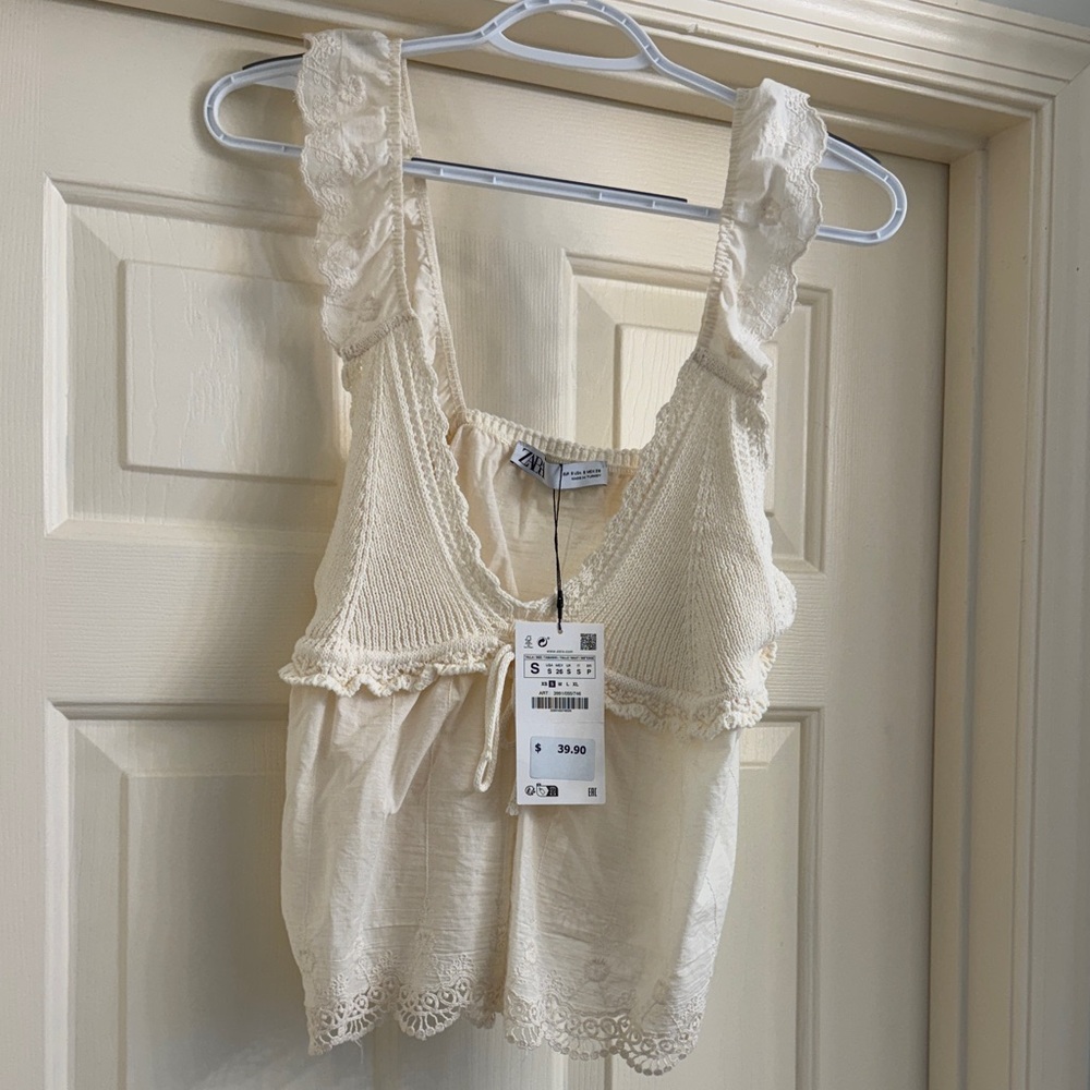 Zara Ivory Lace-Accented Sleeveless Top